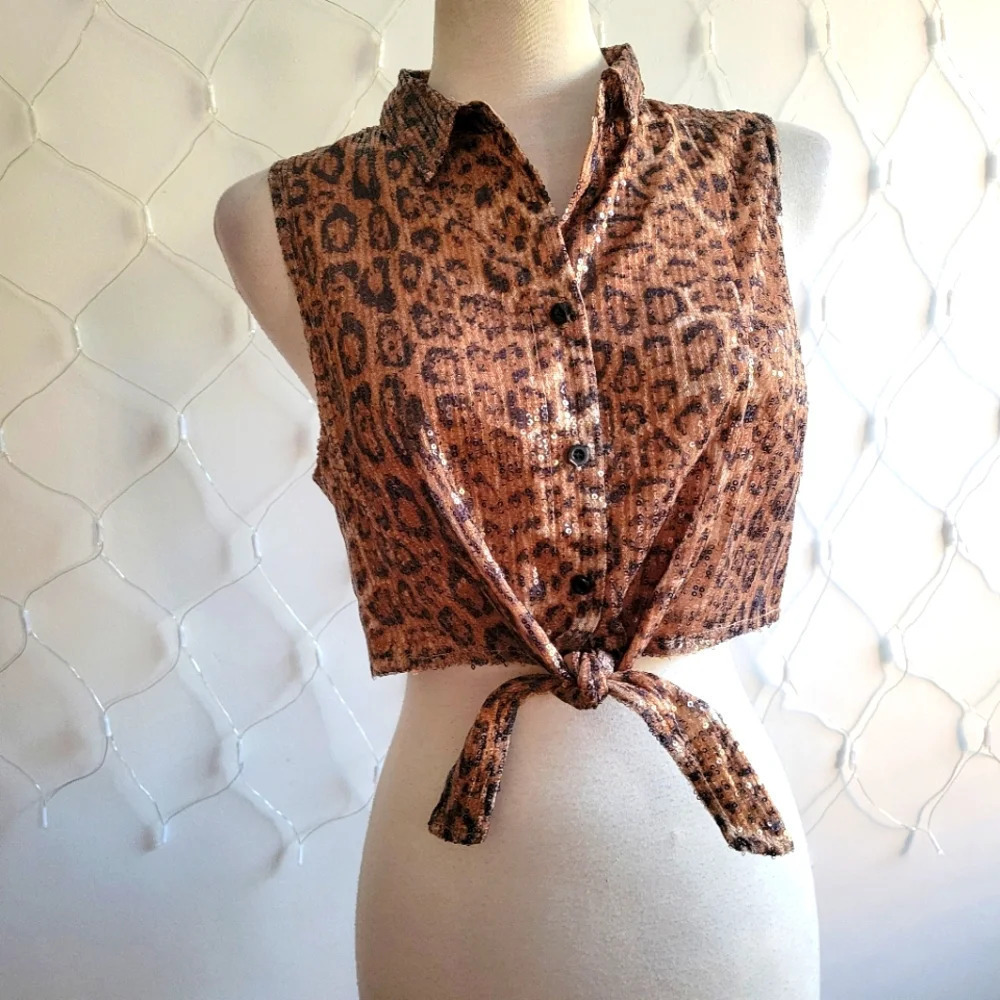 • Leopard Print Collared Crop Top • Waist Tie • Sequined • Fits Small